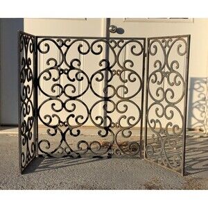 Vintage Iron Art Deco Scroll Classic Fireplace Fire Screen Trifold HEAVY